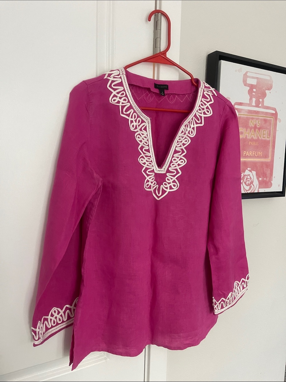 Talbots Hot Pink Linen Tunic with White Embroidery